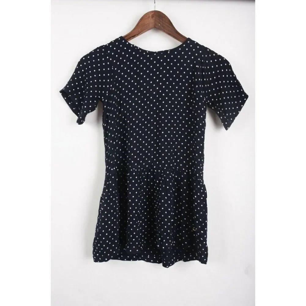 Massimo Dutti Girls Dress Sz 7-8 Yrs Navy Polka-Dot Short Sleeve 6611/103 NWT
